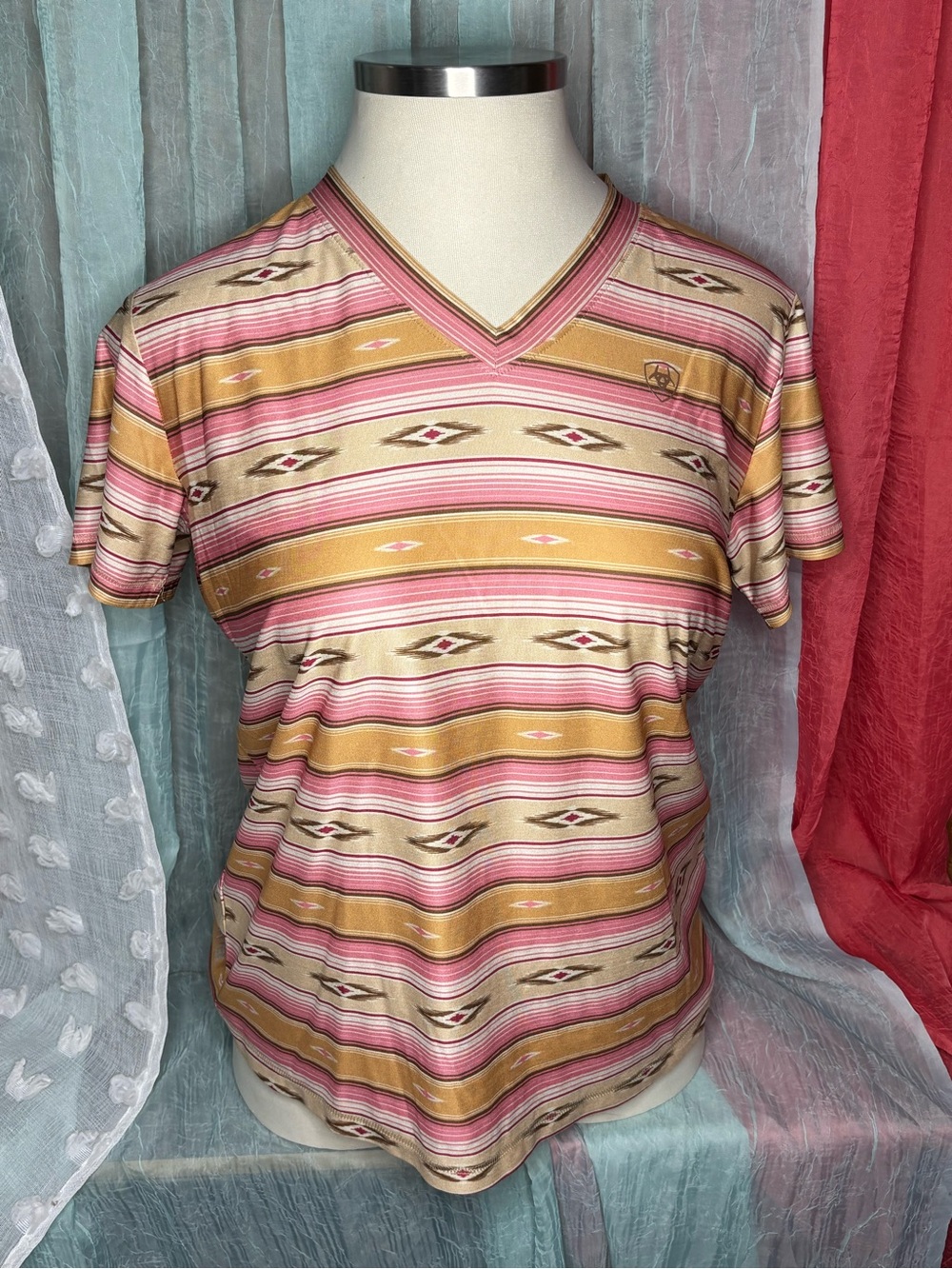 Ariat Southwestern Stripe V-Neck Tee in Pink and Tan